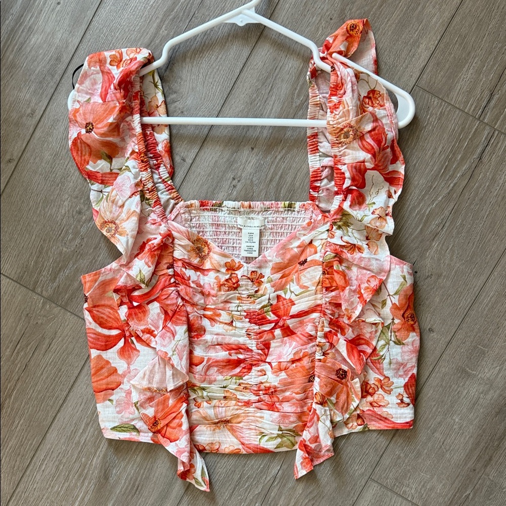 H&M Coral Floral Ruffle Tank Top